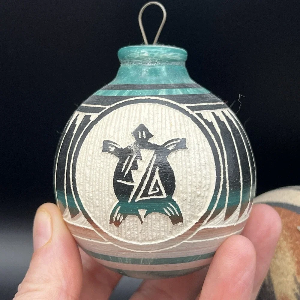 Native American Ornaments 1 Glass Textured 1 Etched Turtle Wood Signed Set‎ of 2